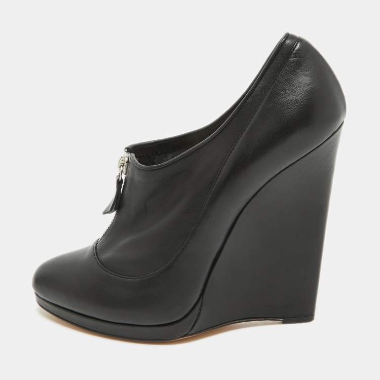 Pre Owned Casadei Black Leather Wedge Platform Ankle Booties Size 39