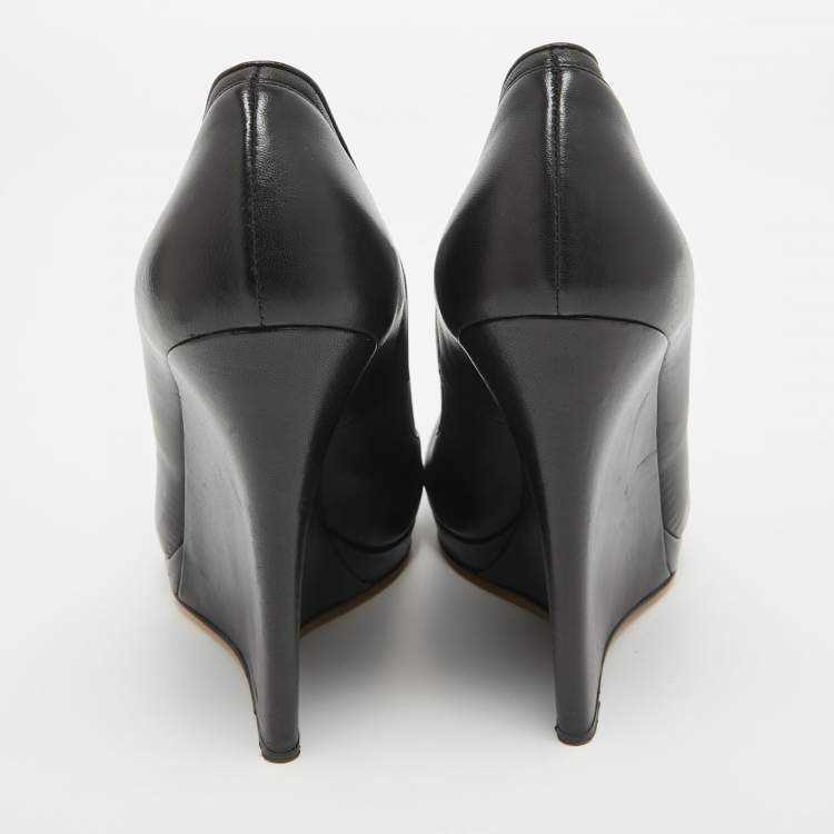 Pre Owned Casadei Black Leather Wedge Platform Ankle Booties Size 39