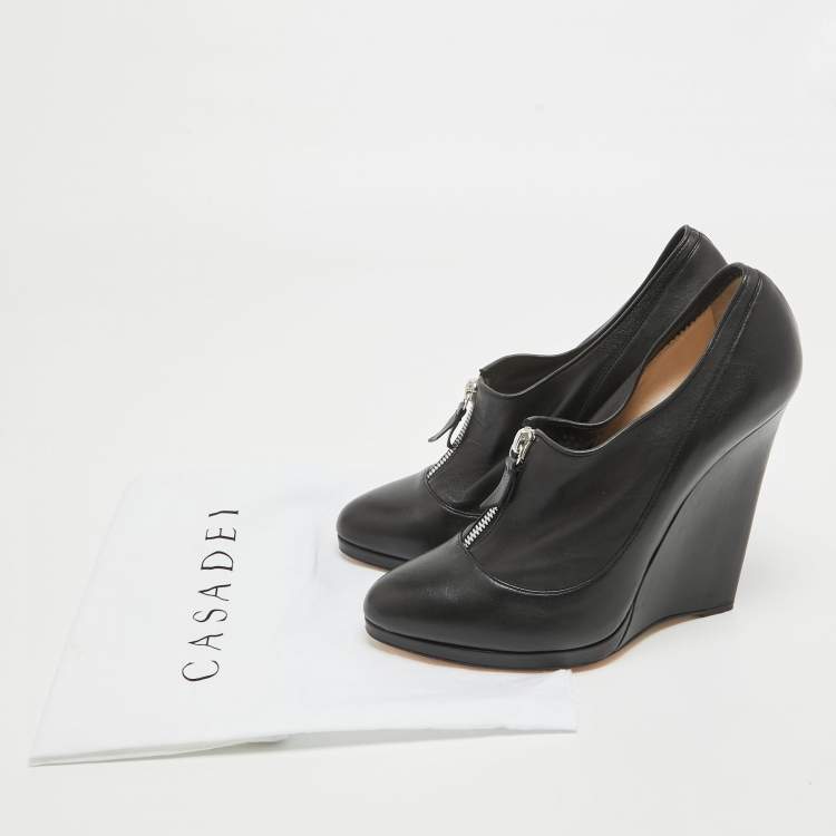 Pre Owned Casadei Black Leather Wedge Platform Ankle Booties Size 39