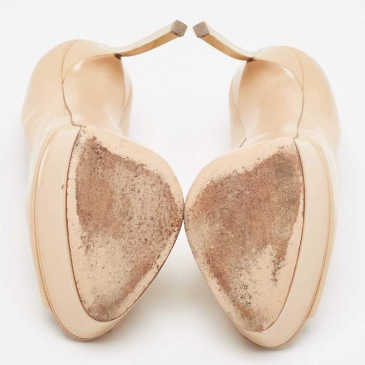 Pre Owned Casadei Beige Patent Peep Toe Pumps Size 36