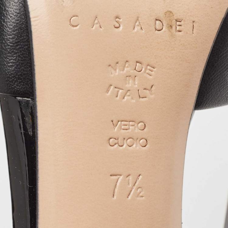 Pre Owned Casadei Black Leather and Patent Ankle Strap Pumps Size 37.5
