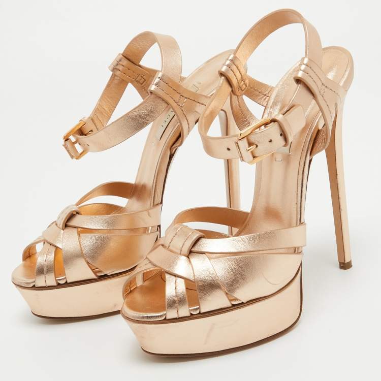 Pre Owned Casadei Rose Gold Leather Platform Ankle Strap Sandals Size 39