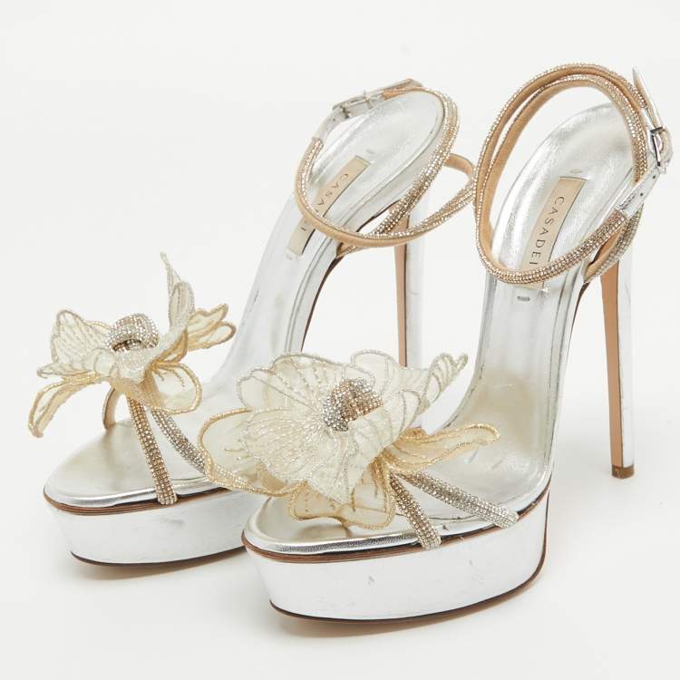 Pre Owned Casadei Silver/Gold Crystal Leather Flower Embellished Platform Ankle Strap Sandals Size 38.5