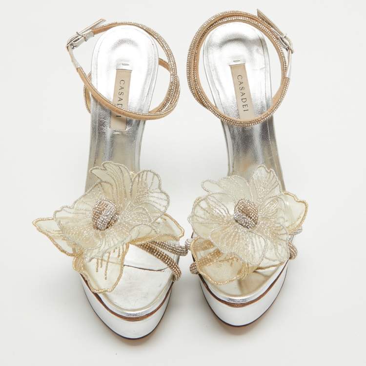 Pre Owned Casadei Silver/Gold Crystal Leather Flower Embellished Platform Ankle Strap Sandals Size 38.5