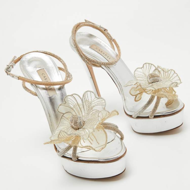 Pre Owned Casadei Silver/Gold Crystal Leather Flower Embellished Platform Ankle Strap Sandals Size 38.5