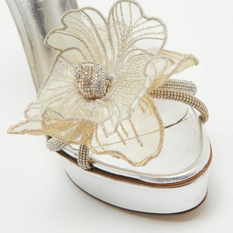Pre Owned Casadei Silver/Gold Crystal Leather Flower Embellished Platform Ankle Strap Sandals Size 38.5
