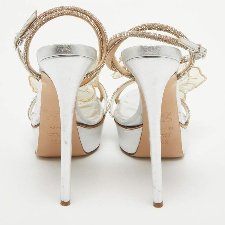Pre Owned Casadei Silver/Gold Crystal Leather Flower Embellished Platform Ankle Strap Sandals Size 38.5