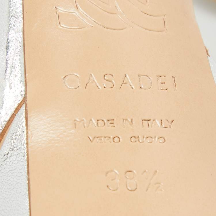 Pre Owned Casadei Silver/Gold Crystal Leather Flower Embellished Platform Ankle Strap Sandals Size 38.5