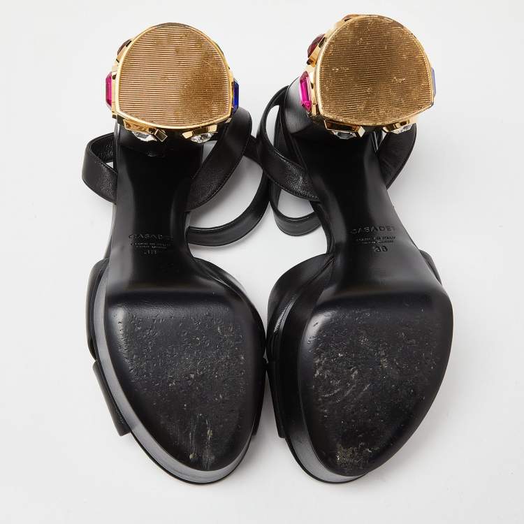 Pre Owned Casadei Black Leather Crystal Embellished Platform Sandals Size 38