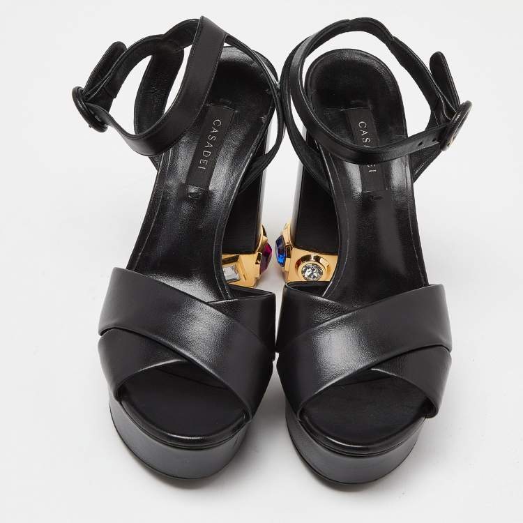 Pre Owned Casadei Black Leather Crystal Embellished Platform Sandals Size 38
