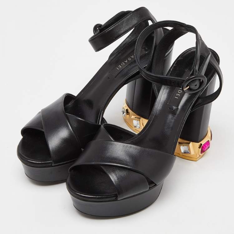 Pre Owned Casadei Black Leather Crystal Embellished Platform Sandals Size 38