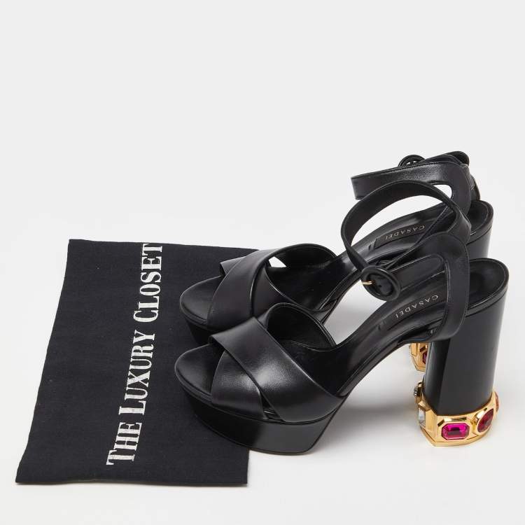 Pre Owned Casadei Black Leather Crystal Embellished Platform Sandals Size 38