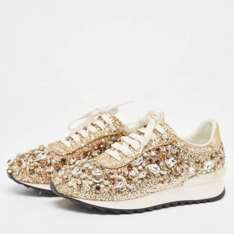 Pre Owned Casadei Gold Glitter and Leather Trainers Low Top Sneakers Size 39