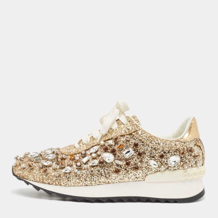 Pre Owned Casadei Gold Glitter and Leather Trainers Low Top Sneakers Size 39