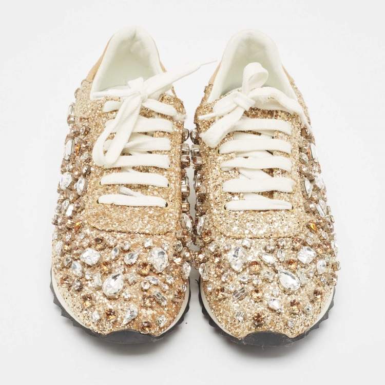 Pre Owned Casadei Gold Glitter and Leather Trainers Low Top Sneakers Size 39