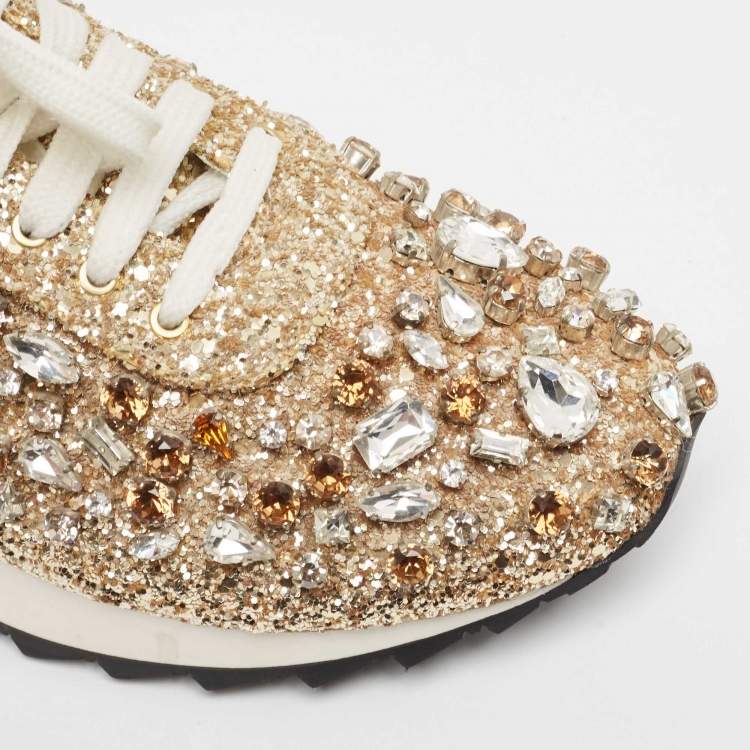 Pre Owned Casadei Gold Glitter and Leather Trainers Low Top Sneakers Size 39