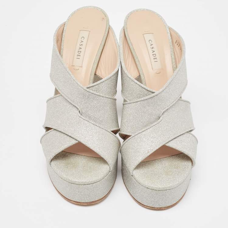 Pre Owned Casadei Silver Glitter Leather Slide Sandals Size 39.5