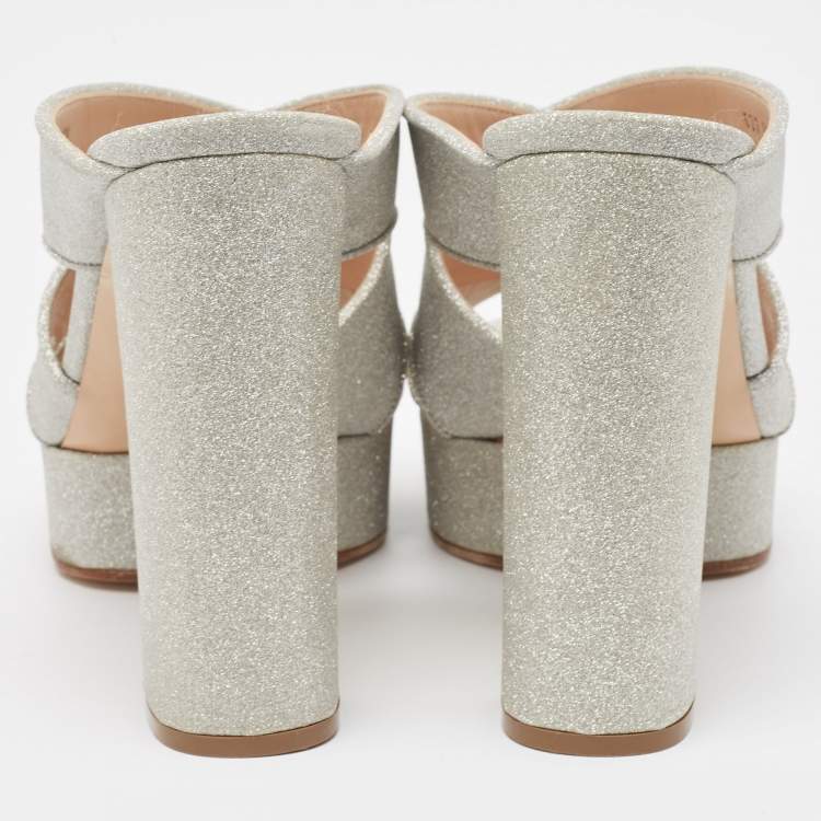 Pre Owned Casadei Silver Glitter Leather Slide Sandals Size 39.5