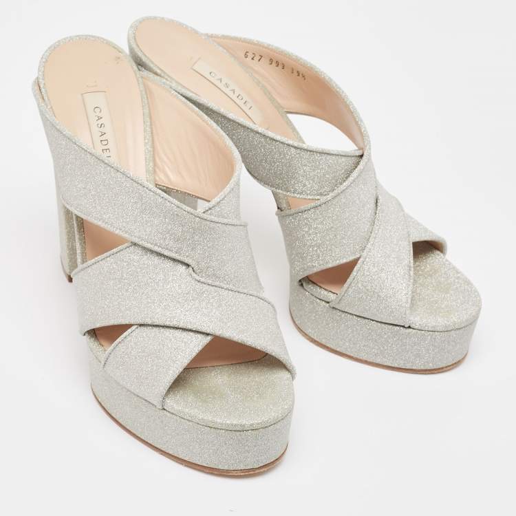 Pre Owned Casadei Silver Glitter Leather Slide Sandals Size 39.5