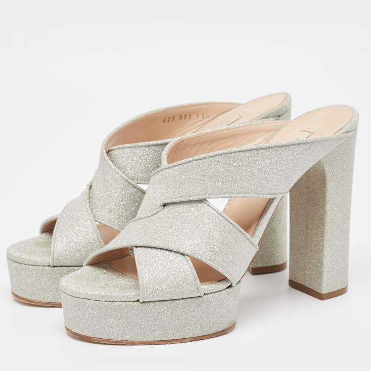 Pre Owned Casadei Silver Glitter Leather Slide Sandals Size 39.5