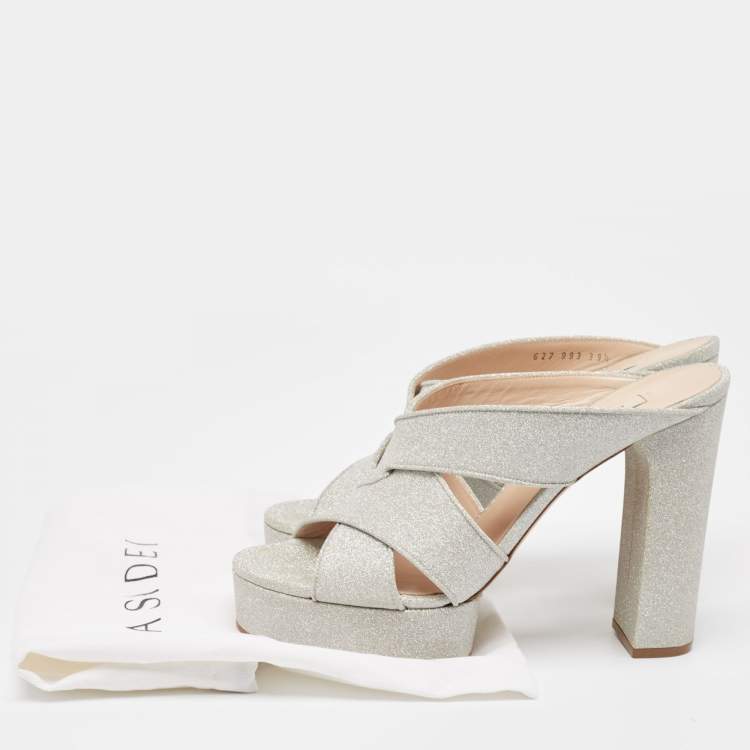 Pre Owned Casadei Silver Glitter Leather Slide Sandals Size 39.5