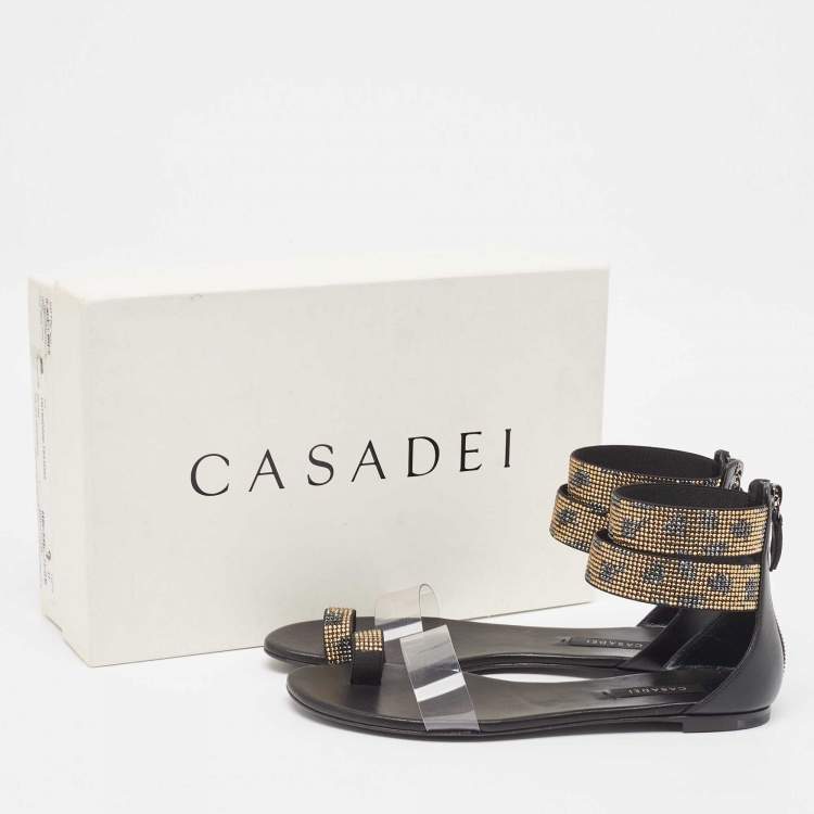 Pre Owned Casadei Black/Gold Leather and PVC Vinil Ankle Strap Sandals Size 37