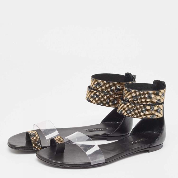 Pre Owned Casadei Black/Gold Leather and PVC Vinil Ankle Strap Sandals Size 37