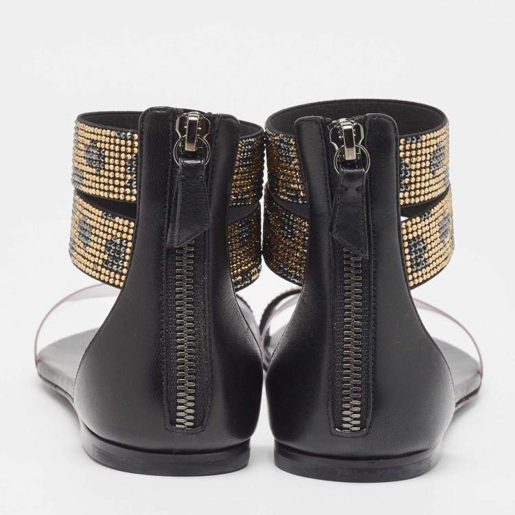 Pre Owned Casadei Black/Gold Leather and PVC Vinil Ankle Strap Sandals Size 37