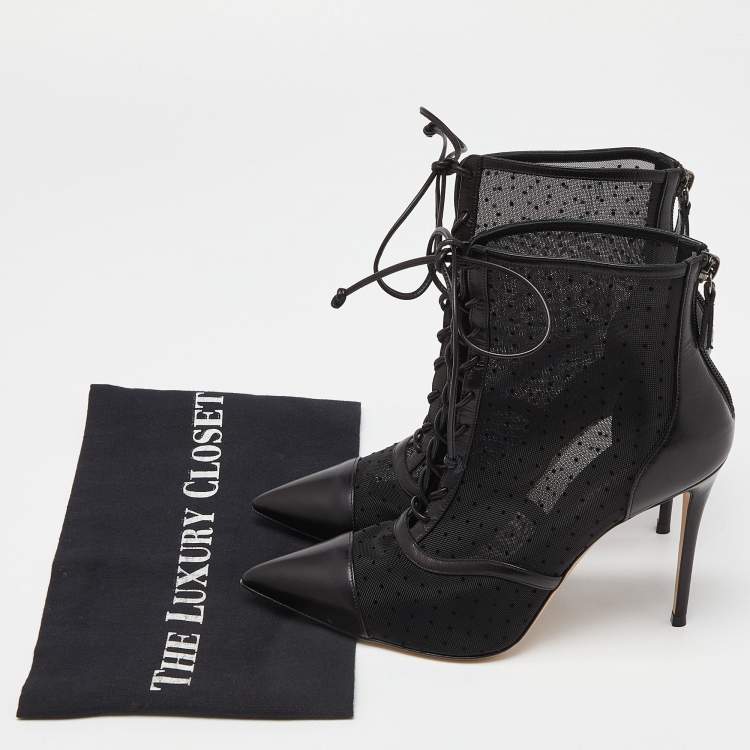 Pre Owned Casadei Black Mesh and Leather Lace Up Ankle Booties Size 38