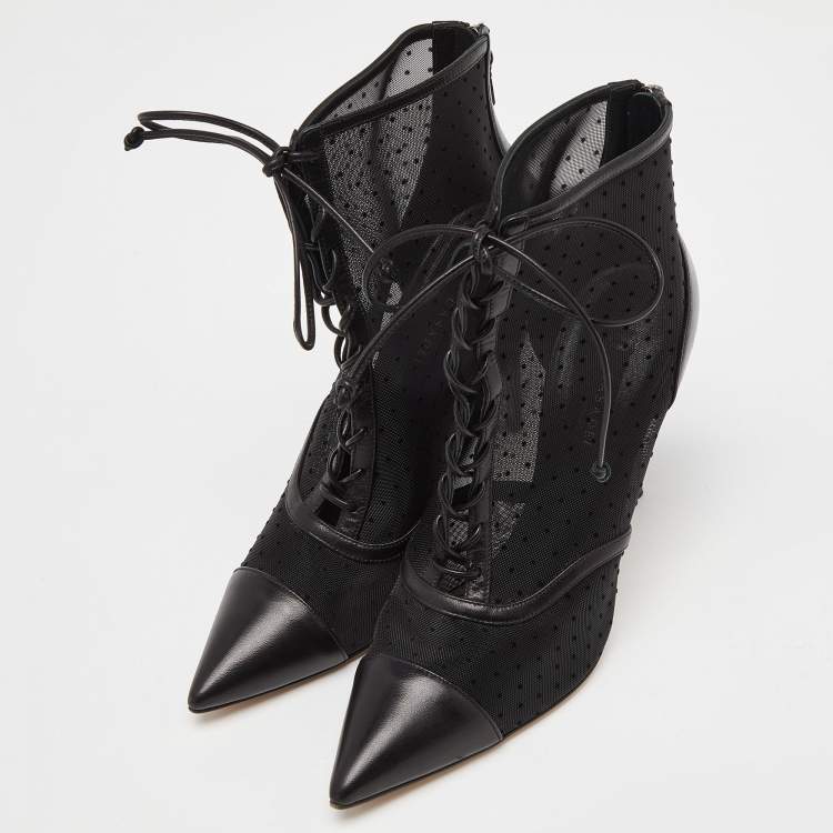 Pre Owned Casadei Black Mesh and Leather Lace Up Ankle Booties Size 38