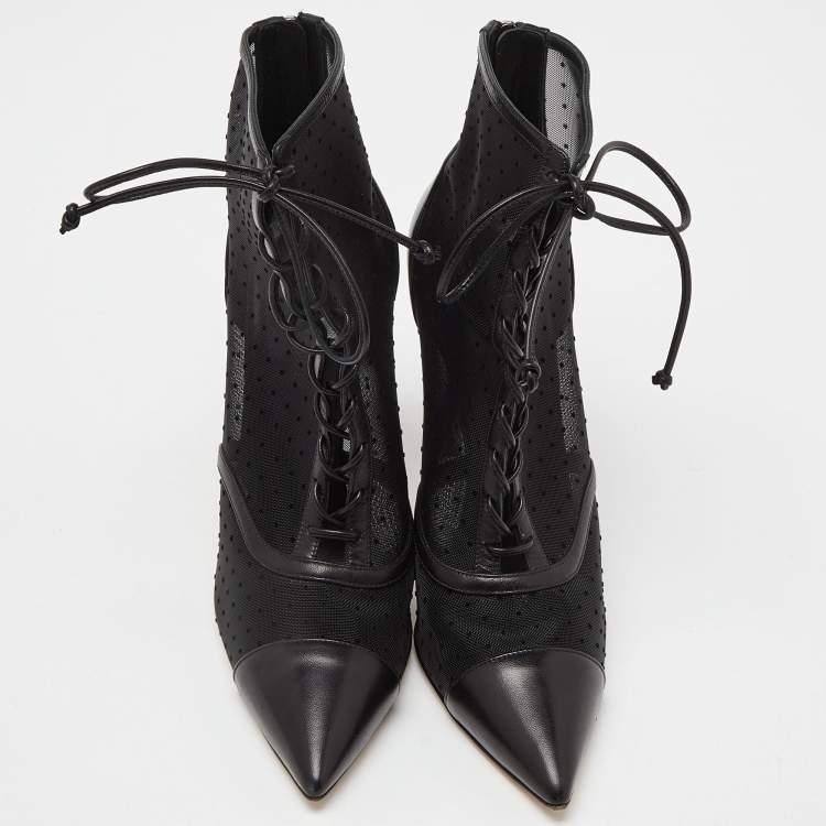 Pre Owned Casadei Black Mesh and Leather Lace Up Ankle Booties Size 38