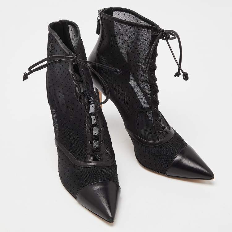 Pre Owned Casadei Black Mesh and Leather Lace Up Ankle Booties Size 38