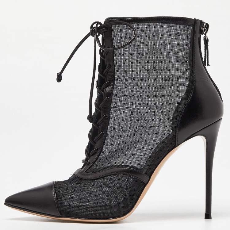 Pre Owned Casadei Black Mesh and Leather Lace Up Ankle Booties Size 38