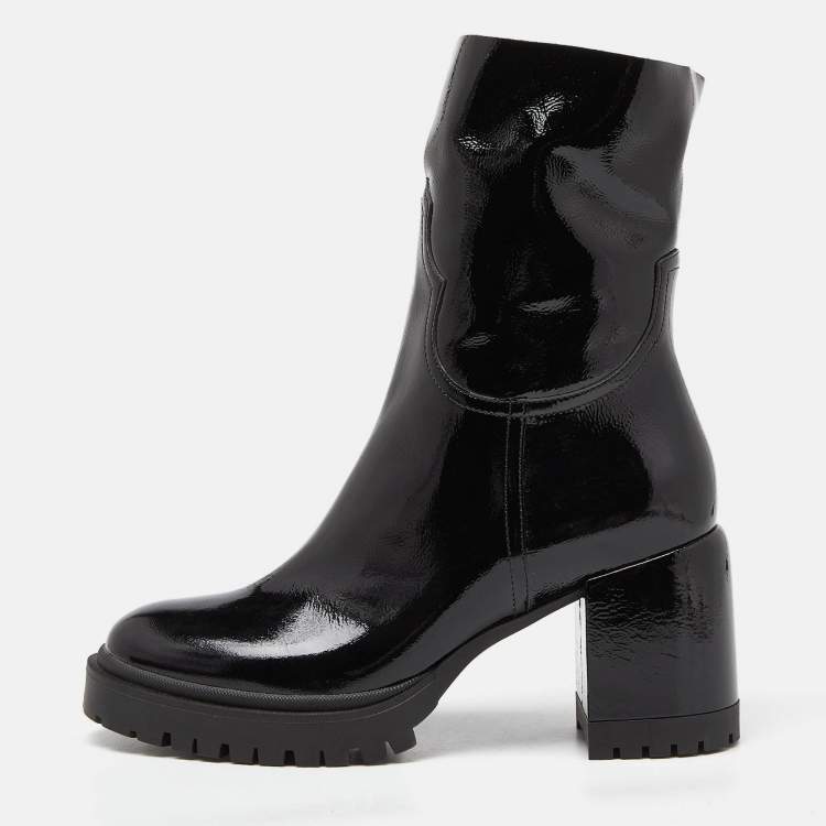 Pre Owned Casadei Black Patent Leather Block Heel Ankle Boots Size 40
