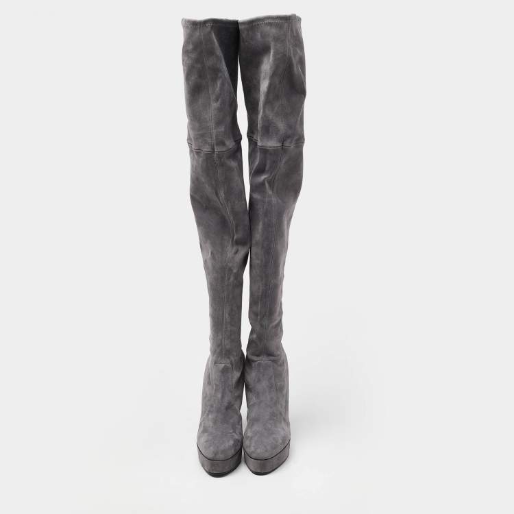 Pre Owned Casadei Grey Suede Over The Knee Length Boots Size 40