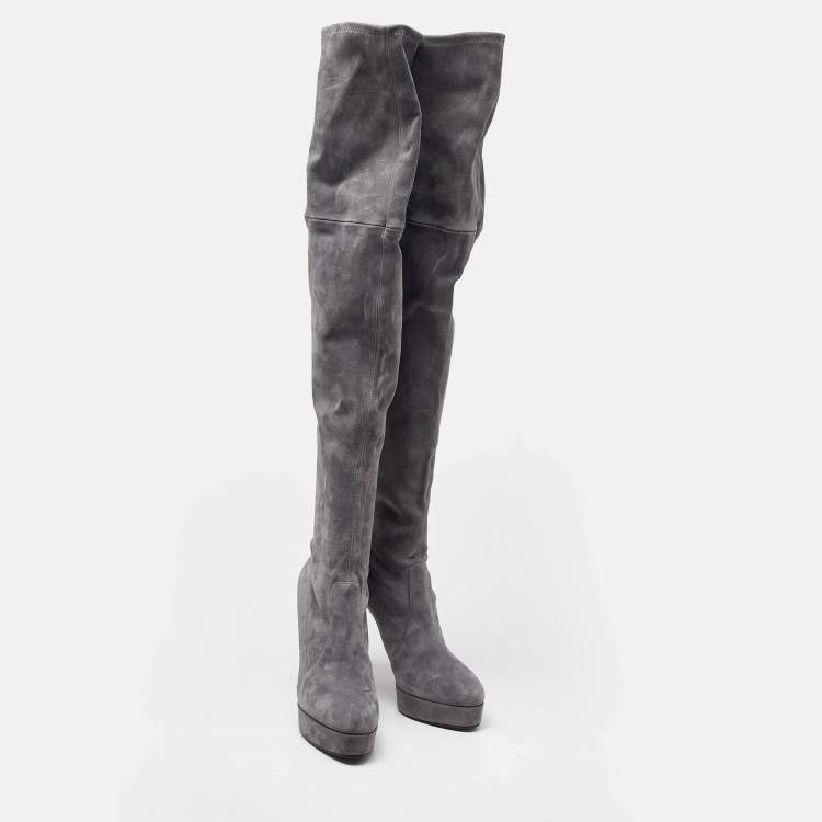 Pre Owned Casadei Grey Suede Over The Knee Length Boots Size 40