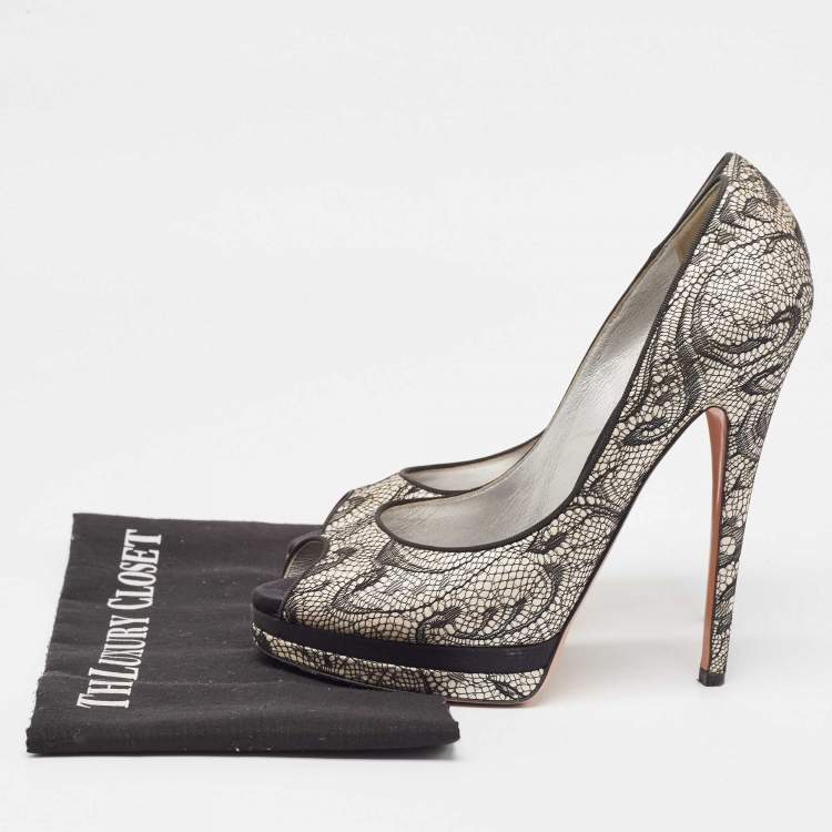 Pre Owned Casadei Two Tone Satin and Lace Peep Toe Platform Pumps Size 38.5