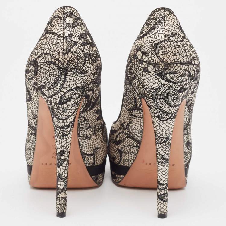 Pre Owned Casadei Two Tone Satin and Lace Peep Toe Platform Pumps Size 38.5