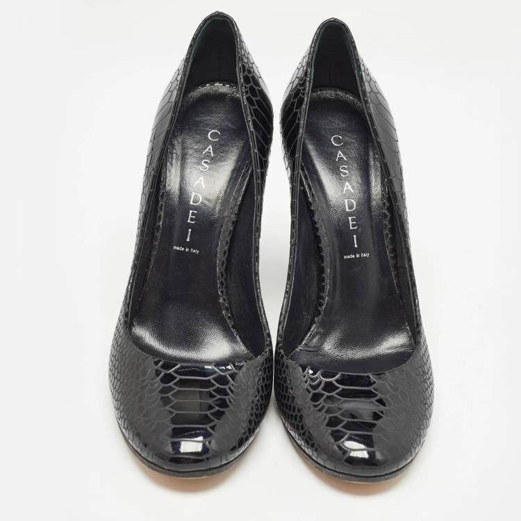 Pre Owned Casadei Black Python Embossed Leather Round Toe Pumps Size 37.5