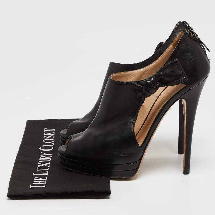 Pre Owned Casadei Black Leather Cutout Peep Toe Platform Booties Size 40
