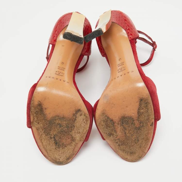 Pre Owned Casadei Red Suede and Snakeskin Ankle Strap Sandals Size 36