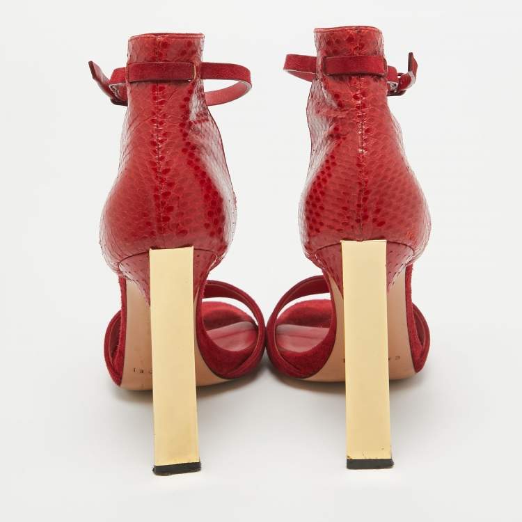 Pre Owned Casadei Red Suede and Snakeskin Ankle Strap Sandals Size 36