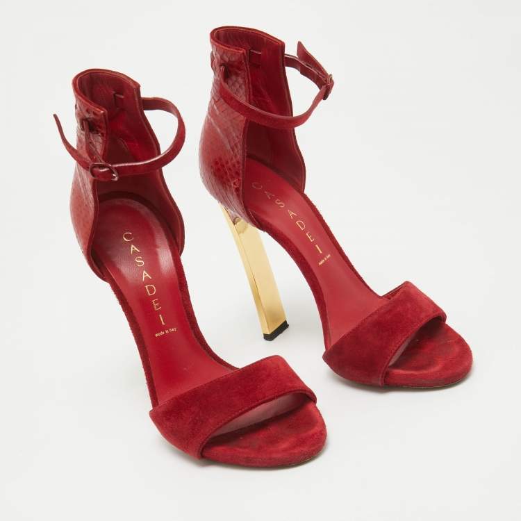 Pre Owned Casadei Red Suede and Snakeskin Ankle Strap Sandals Size 36