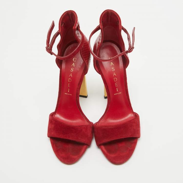 Pre Owned Casadei Red Suede and Snakeskin Ankle Strap Sandals Size 36