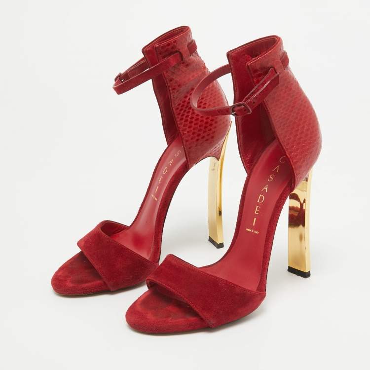Pre Owned Casadei Red Suede and Snakeskin Ankle Strap Sandals Size 36