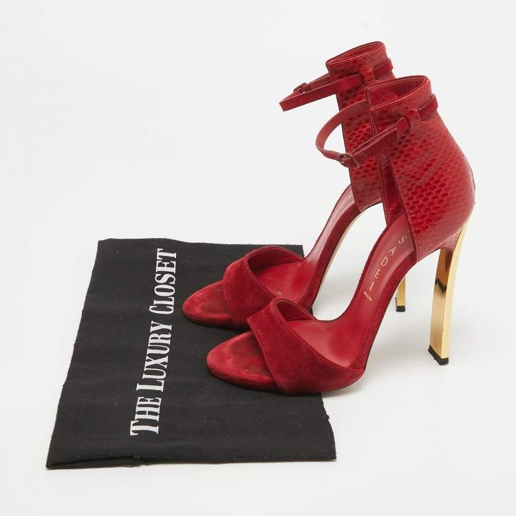Pre Owned Casadei Red Suede and Snakeskin Ankle Strap Sandals Size 36
