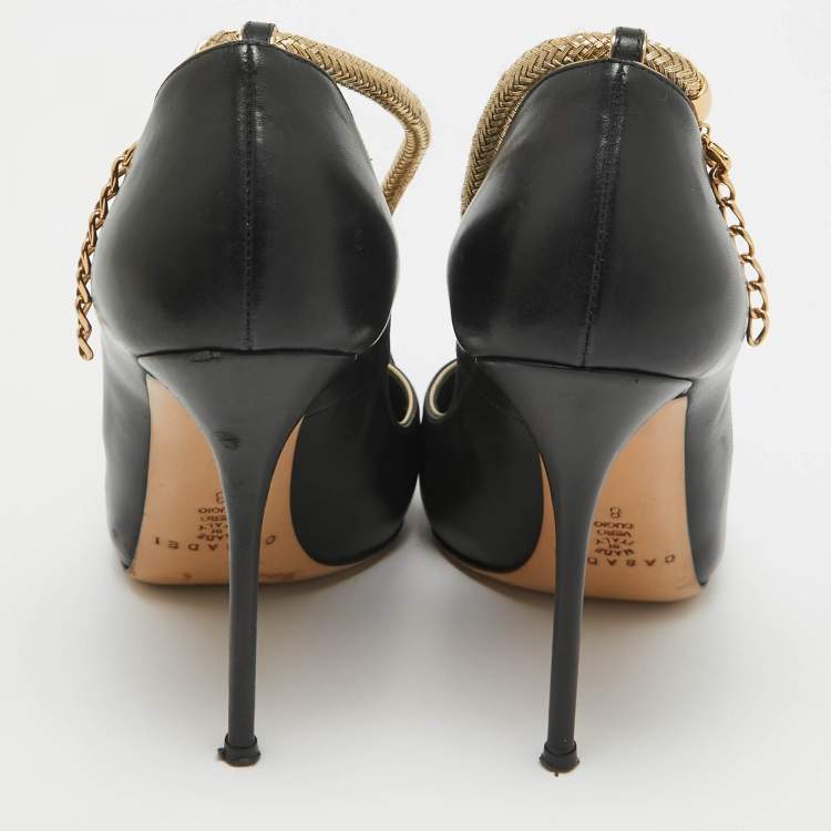 Pre Owned Casadei Black/Gold Leather Pumps Size 38