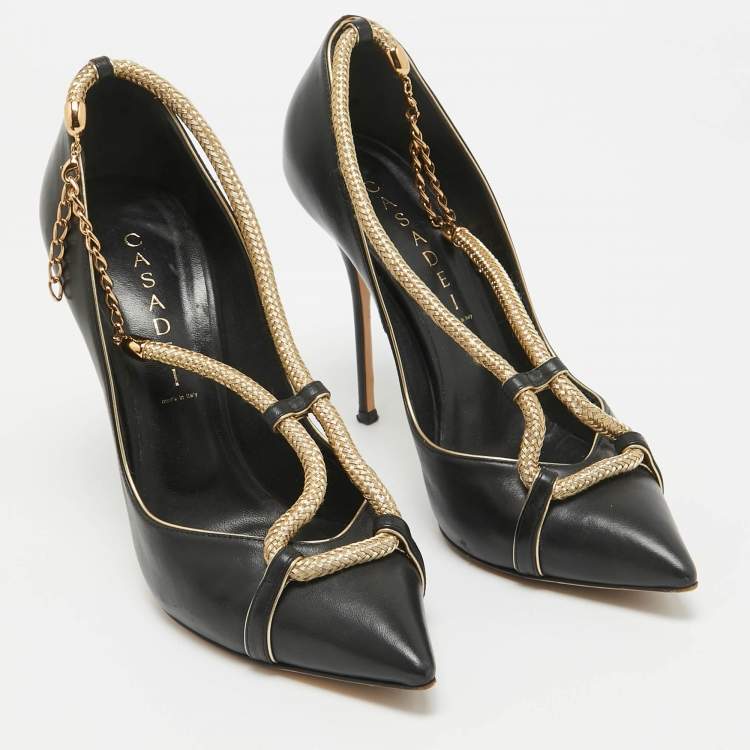 Pre Owned Casadei Black/Gold Leather Pumps Size 38