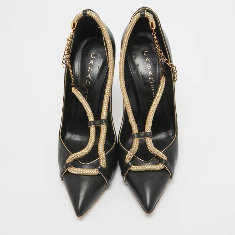 Pre Owned Casadei Black/Gold Leather Pumps Size 38