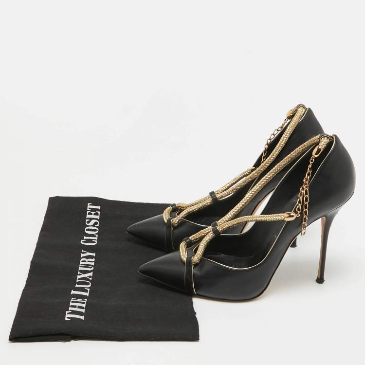 Pre Owned Casadei Black/Gold Leather Pumps Size 38